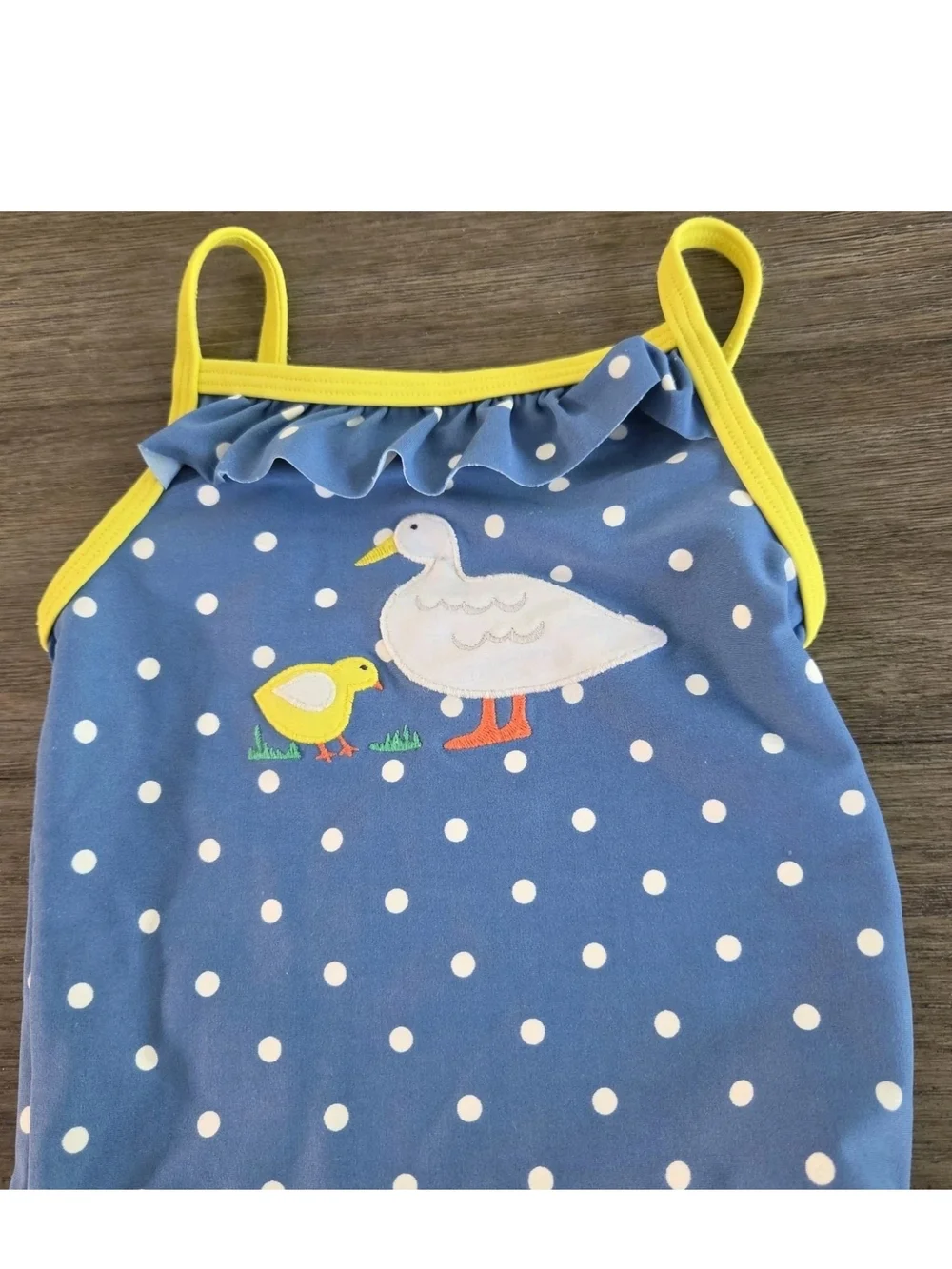 Baby Boden Blue Polka Dot Duck Duckling Ruffle Swimsuit Bathing Suit Size 6 12 M
